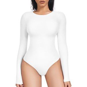 Women's Crew Neck Long Sleeve Shapewear Bodysuit Double Layer Sexy Thong Body